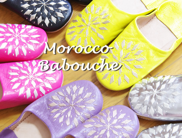 151007バブーシュ ルームシューズ モロッコ 羊革製 刺繍 ピンク
