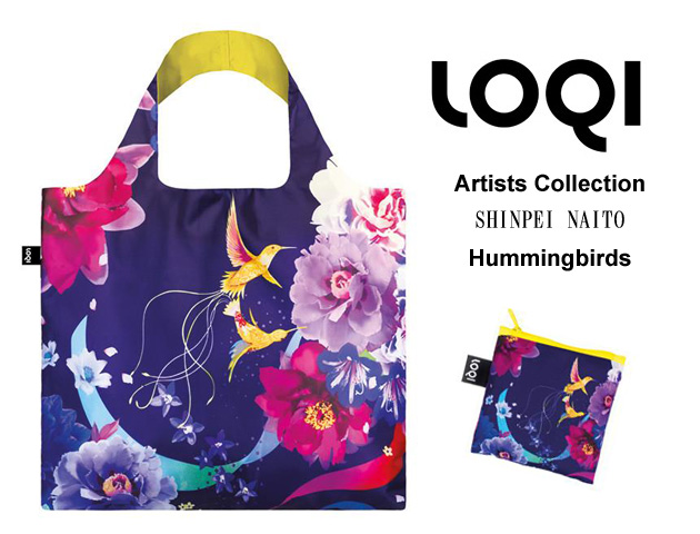 161007エコバッグ LOQIローキー ブランド  折り畳み　鳥＆お花柄 Artists Collection SHINPEI NAITO Hummingbirds