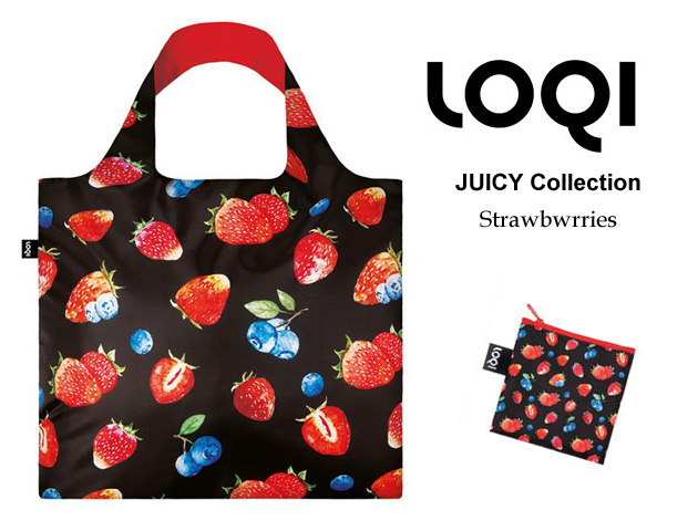 161009エコバッグ LOQIローキー ブランド 折り畳み 大きいサイズ 苺柄 JUICY Collection Strawberries