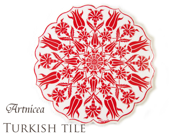 170211トルコタイル 鍋敷き 花型 Artnicea KUTAHYA デザインプレート　赤いチューリップ＆カーネーション　ホワイト　144