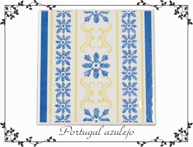 130743ポルトガルタイルアズレージョの鍋敷きイエロー＆ブルーの花絵柄スタンド付