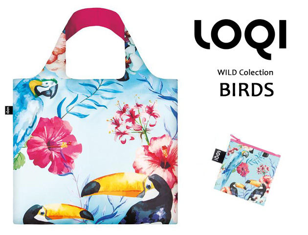 LOQIローキー ブランド エコバッグ 折り畳み 大きいサイズ 花柄 鳥柄 バード WILD Collection　Birds