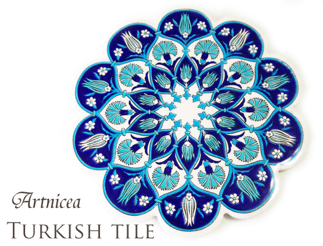 160702トルコタイル 鍋敷き 花型 Artnicea KUTAHYA デザインプレート　ブルーチューリップ＆カーネーション143
