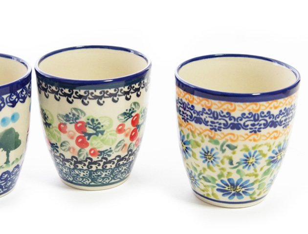 161215ポーリッシュポタリー 陶器 湯呑み バルマグ 持ち手なしマグカップ ザクワディ ZAKTADY 青いお花柄　ブルーフラワー