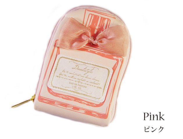 170406アクセサリーポーチ　ジュエリーポーチ レザー調　香水デザイン perfumeパフューム ピンク